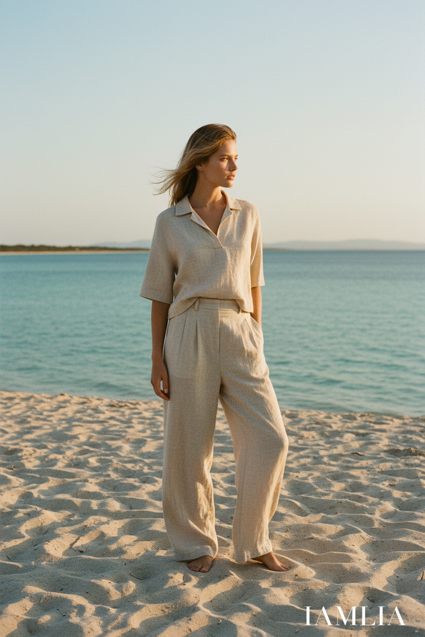 Model wearing a lightweight beige linen matching set on a summer vacation - IAMLIA minimalist summer collection