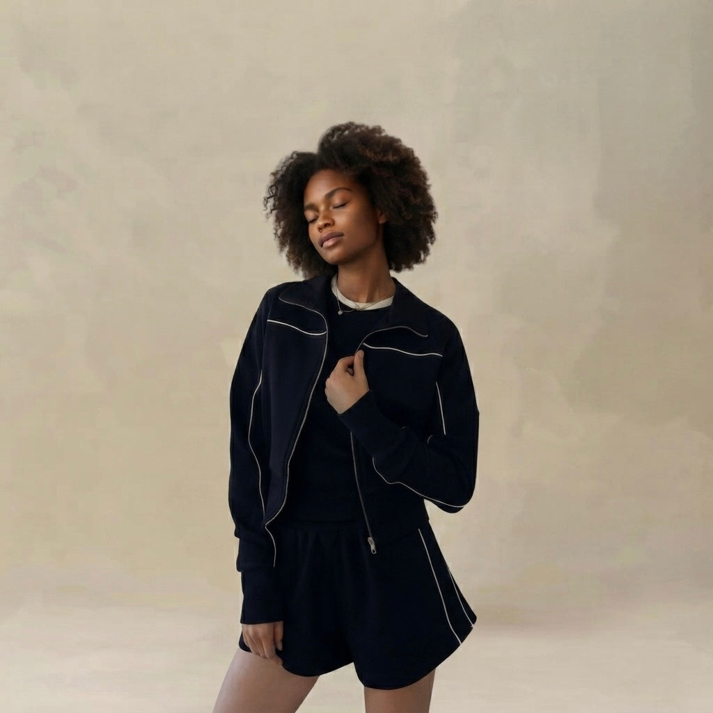 IAMLIA Elastic Striped Coord Set – Casual Two-Piece Jacket & Short