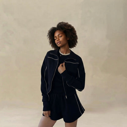 IAMLIA Elastic Striped Coord Set – Casual Two-Piece Jacket & Short
