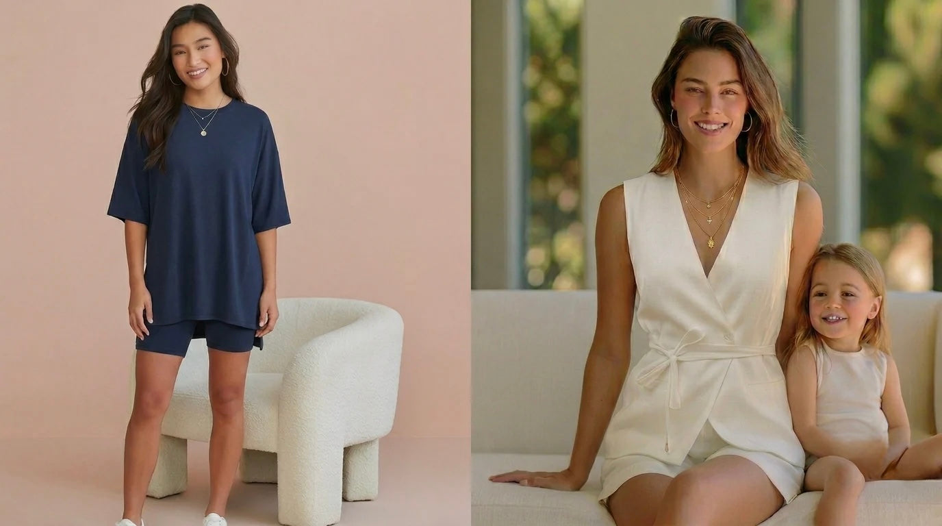 IAMLIA_two-piece_set_Woman_in_a_navy_blue_dress_standing_against_a_pink_wall_and_another_woman_in_a_white_sleeveless_dress_sitting_with_a_child_on_a_couch.