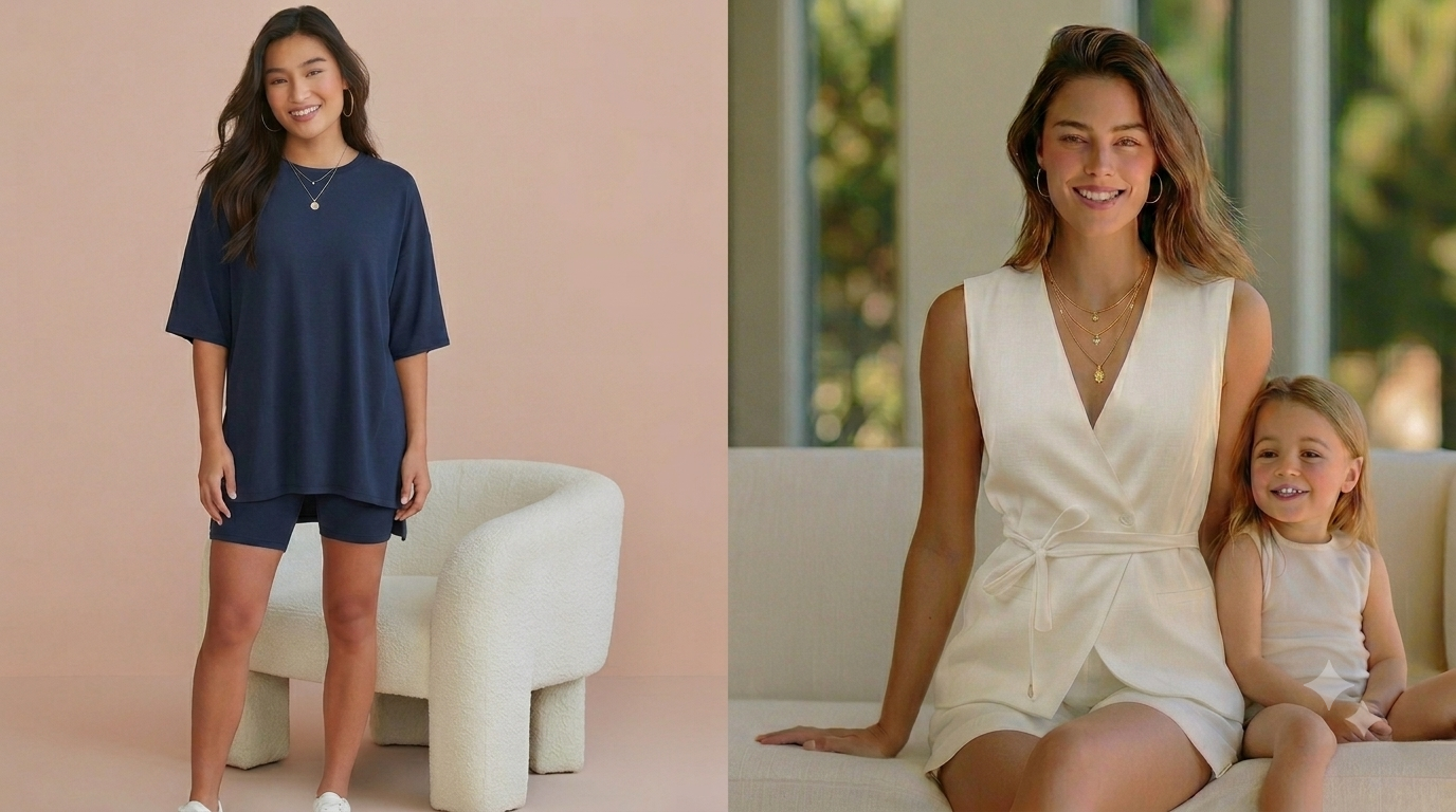 IAMLIA two-piece set | Woman in a navy blue dress standing against a pink wall, and another woman in a white sleeveless dress sitting with a child on a couch.